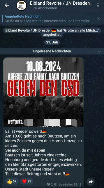 Neonazis der Elbland Revolte mobilisieren nach Bautzen und eine CSD Veranstaltung zu stören.